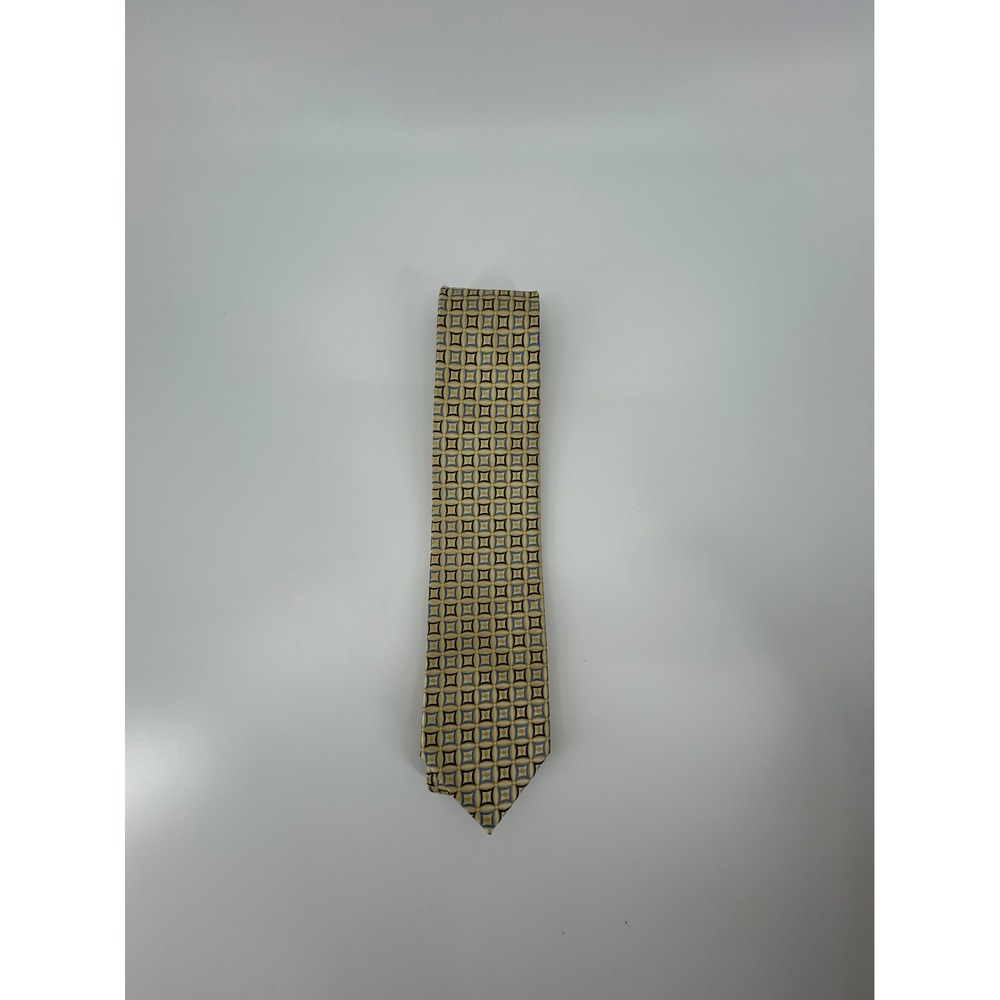 Covington Mens Gold Blue Geometric Medallion Polyester Hand Made Necktie Tie